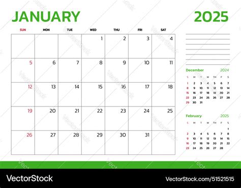 January 2025 calendar week start on sunday desk Vector Image