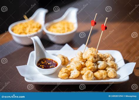 Deep Fried Fish Balls with Spicy Sauce Stock Photo - Image of dining ...