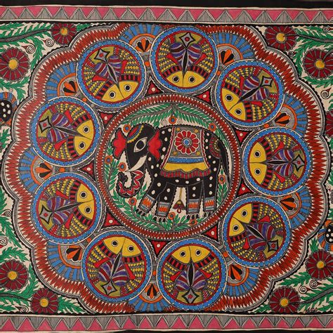 Multicolor Elephant Mandala Handpainted Madhubani Painting by Hira Devi