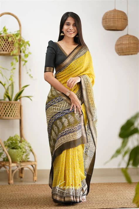 Mayuri Maheswari Cotton Saree - Yellow and Black – Ivalinmabia