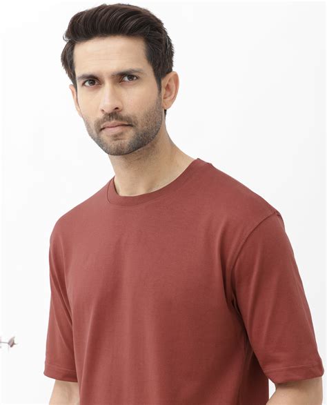 Rare Rabbit Men's Gallos Rust Cotton Plain Oversized Fit Half Sleeve C