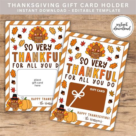 Printable Thanksgiving Gift Card Holder, Thankful for You, Teacher ...