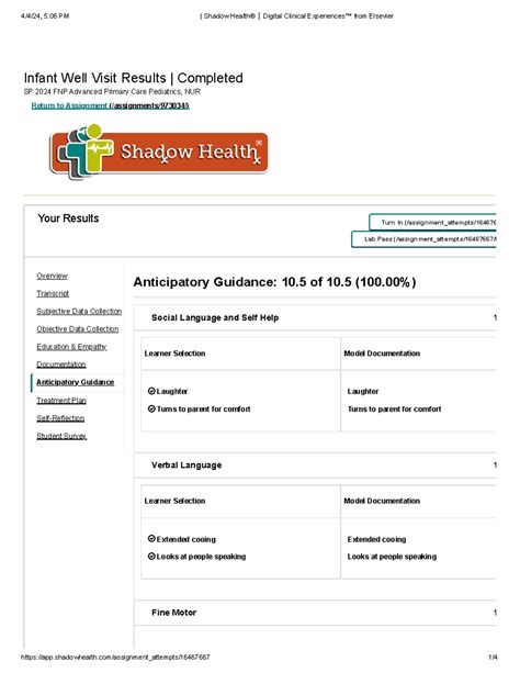 Shadow Health NUR FNP 2024 Anticipatory Guidance for Infant Well Visit ...