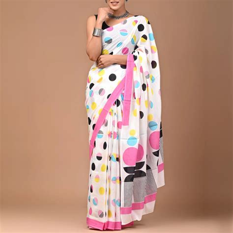 Shop Now White Mulmul Cotton Saree with Polka Dots |Culturati