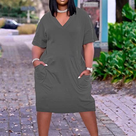COSFO Casual Plus Size Dresses for Curvy Women Gray V-Neck Short Sleeve ...