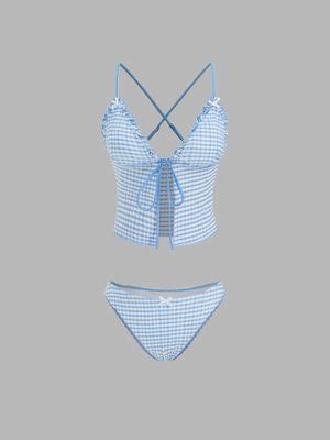 Buy Cider V-neck Gingham Bowknot Lettuce Trim Tankini Bikini Top and ...