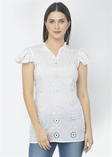 Get White Cotton Schiffli V Neck Top at ₹ 1200 | LBB Shop
