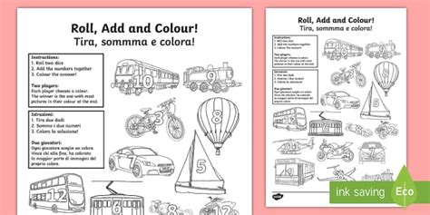 Transport Roll and Colour Worksheet English/Italian - Transport Roll And