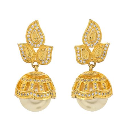 American Diamond CZ Traditional Gold Plated White Brass Jhumka Earring ...