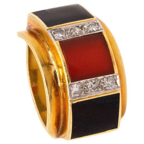 German 1970 Modernist Ring in 18Kt Yellow Gold with Diamonds Carnelian ...