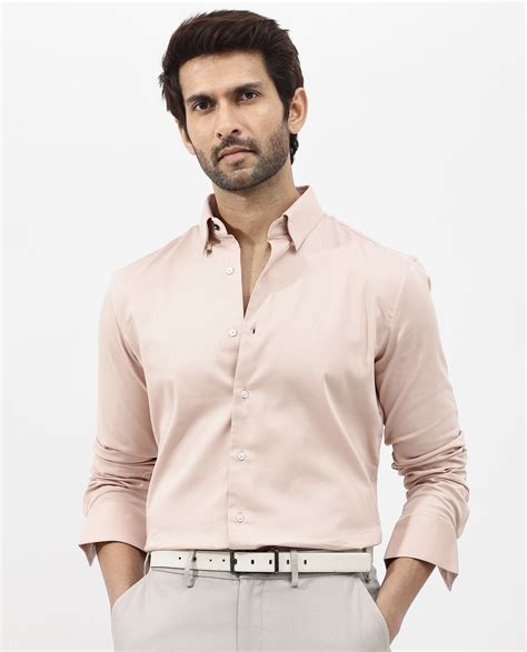 Rare Rabbit Men's Holand Pastel Pink Satin Plain Regular Fit Full Slee