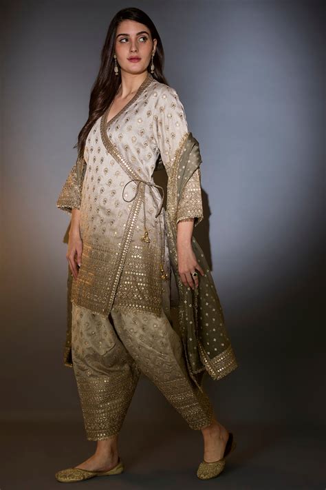 Sage green ombre shades silk suit set in angrakha style with heavy zari ...