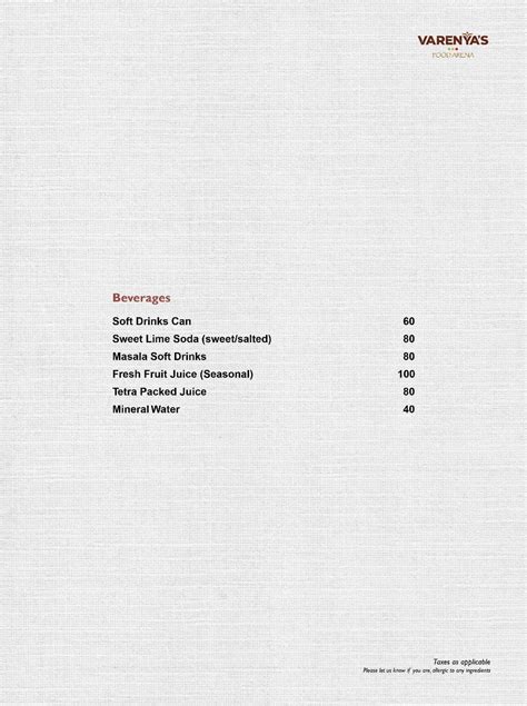 Varenyas Multi Cuisine Restaurant Menu- Bhubaneswar