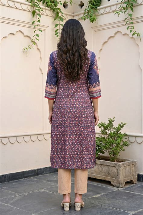 Buy Navy Blue Floral Printed Foil Print Pintucks Pure Cotton Straight ...