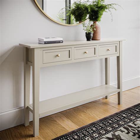 Large Narrow Taupe Wood Console Table with Drawers - Elms - Furniture123
