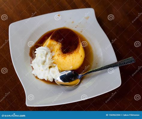 Spanish Dessert - Flan with Whipped Cream Stock Photo - Image of food ...