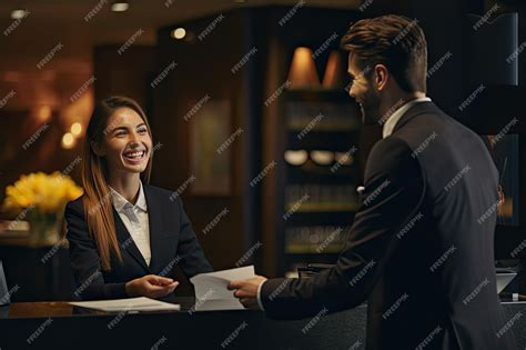 Smiling receptionist reception desk friendly hotel service receptionist ...