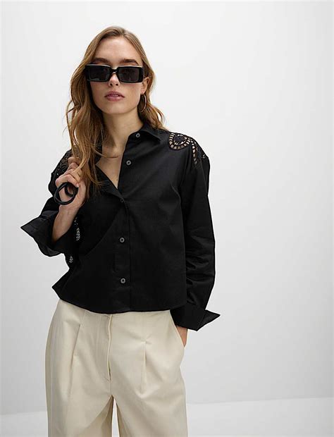 Buy Pure Cotton Cutwork Detail Cropped Shirt at Marks & Spencer