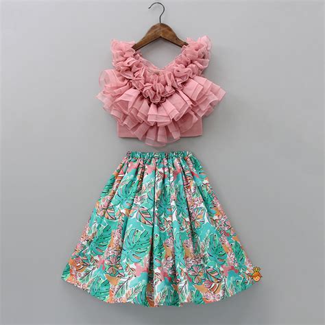 Pre Order: Multiple Ruffled Layered Pink Top With Printed Lehenga