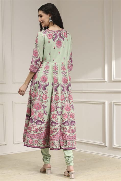 Buy Sage Green Cotton Printed Anarkali Suit Set Online at Biba India
