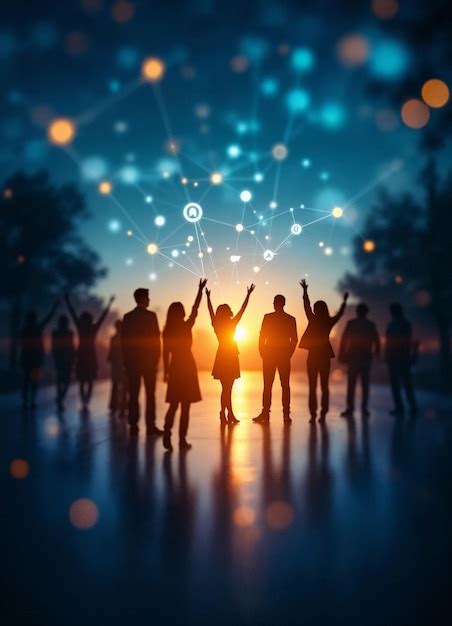 Silhouette of people standing in front of sunset with social icons and ...