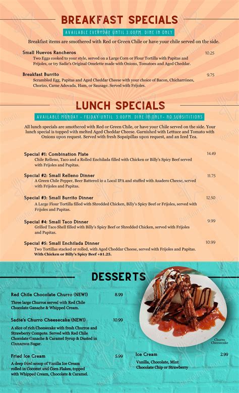 Menu at Sadie's of New Mexico restaurant, Los Ranchos de Albuquerque ...