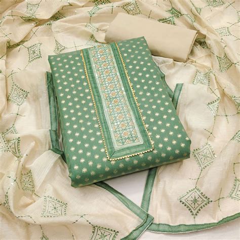 Dusty Green Butti Work Woven Chanderi Silk Dress Material