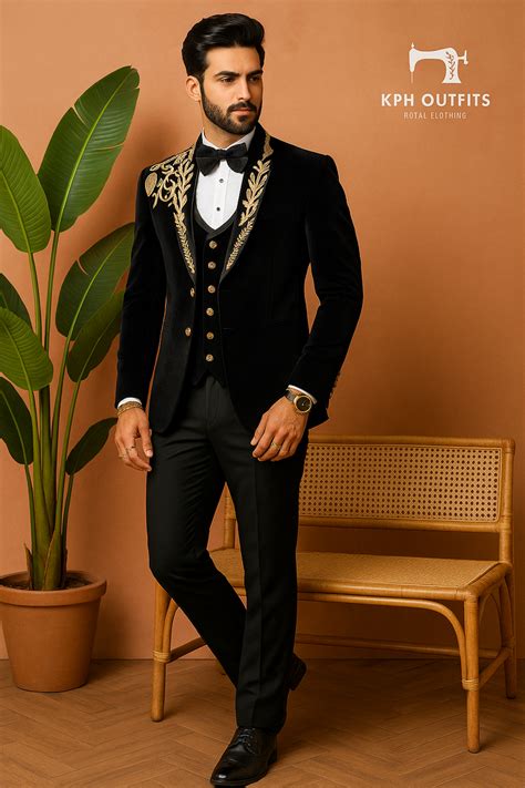 Men's Black Handcrafted Zardozi Work Shawl Lapel Tuxedo Suit by KPH Ou ...