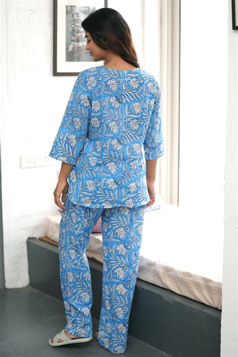 Sky Blue Botanical Bliss Block Printed Night suit