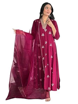 Buy GoSriKi Women's Viscose Silk Anarkali Embroidery Kurta with Pant ...