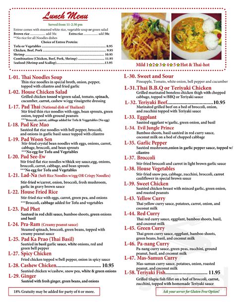 Original A Taste of Thai menu in Fayetteville, Arkansas, USA