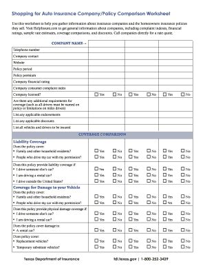 Auto Insurance Company Policy Comparison Worksheet - Blank Fillable ...