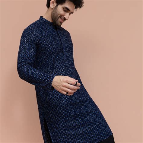 Men Blue Geometric Heavy Thread Work Kurta Trouser Set – Kisah