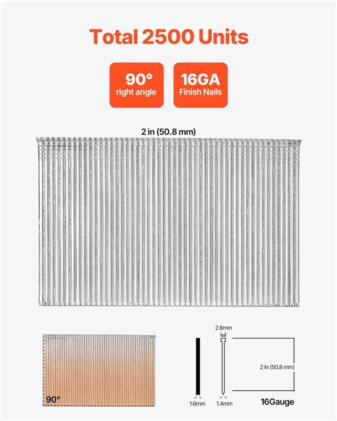 VEVOR 16 Gauge Finish Nails, 2 in Straight Finishing Nails, 2500-Count ...