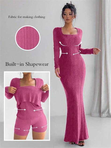 Chiquease Solid Color Square Neck Fitted Elegant Long Sleeve Dress ...