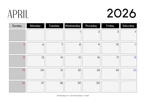 April 2026 Calendar Template Printable