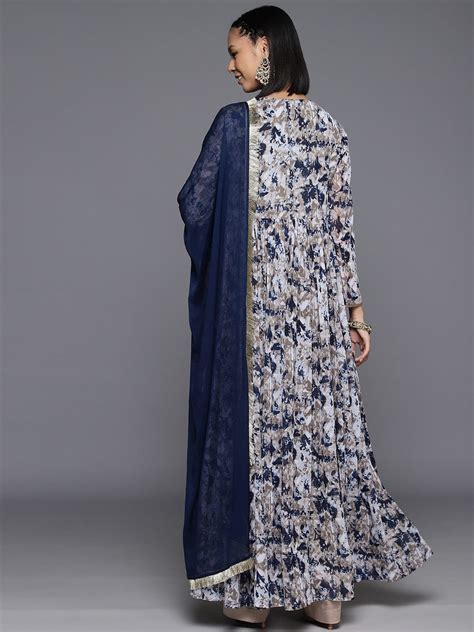 Varanga Women Navy Blue Floral Printed V-Neck Anarkali Kurta Paired ...