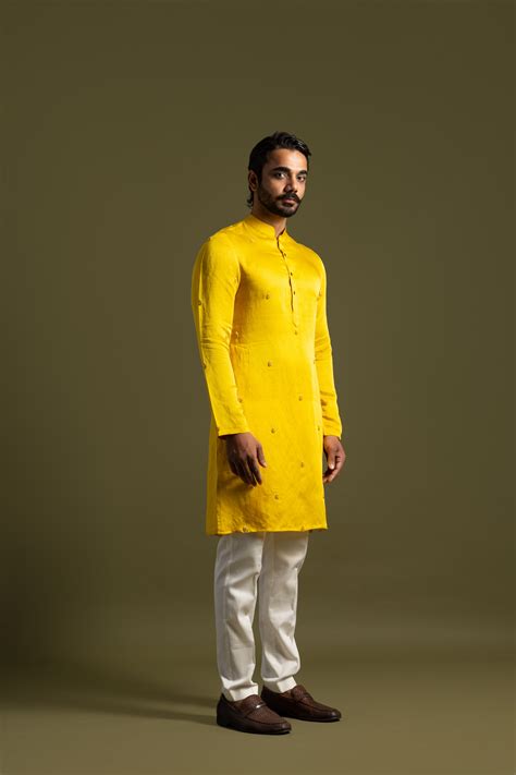 Paarsh Menswear - Yellow Linen Kurta Set - Elahe