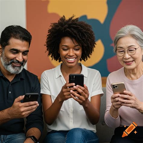 Three diverse adults smiling while using phones for survey on Craiyon