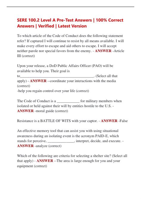 SERE 100.2 Level A Pre-Test Answers | 100% Correct Answers | Verified ...