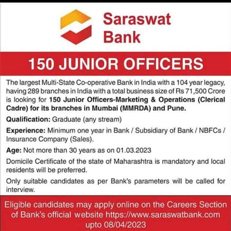 Saraswat Bank Recruitment 2023, Last Date To Apply Online
