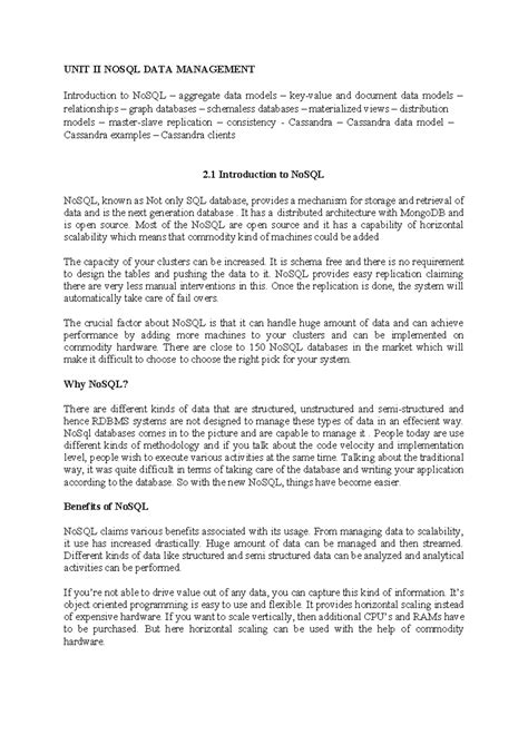 NoSQL Unit II: Comprehensive Overview of Data Management Techniques ...