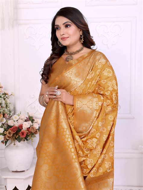 Buy Mustard Satin Silk Zari Saree Online | Kalyanja