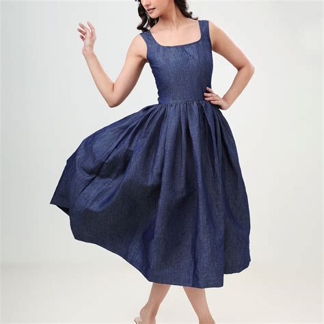 100% cotton Denim Flared Midi Dress – Emperial Vogue