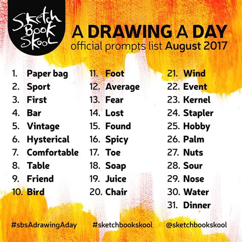 Here are the Drawing A Day Challenge prompts for the month of August ...