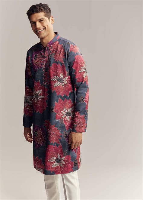 Buy Blue Silk Kurta Set For Men With Floral Print| KALKI Fashion India