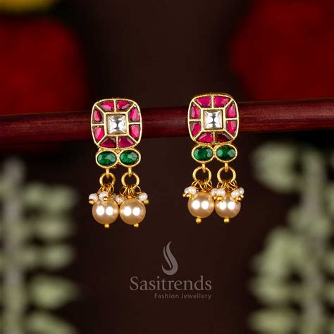 24K Gold Plated Jadau Square Top Kundan Bugadi Earrings - Sasitrends