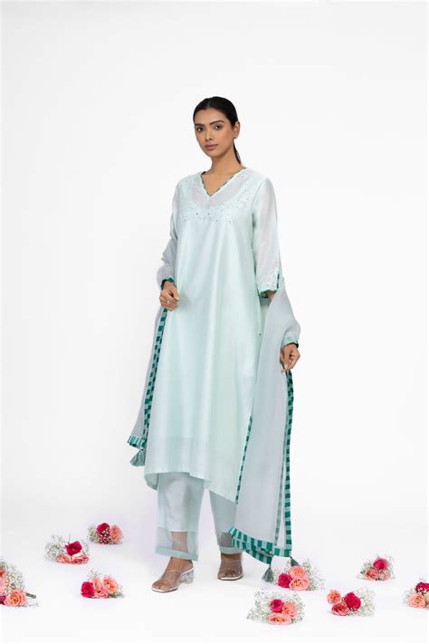 Buy Jade Green - V - Neck - Chanderi Silk A-line Kurta Set Online ...