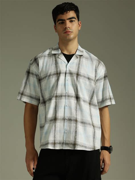 Buy White & Light Blue Windowpane Checks Oversized Casual Shirt ...