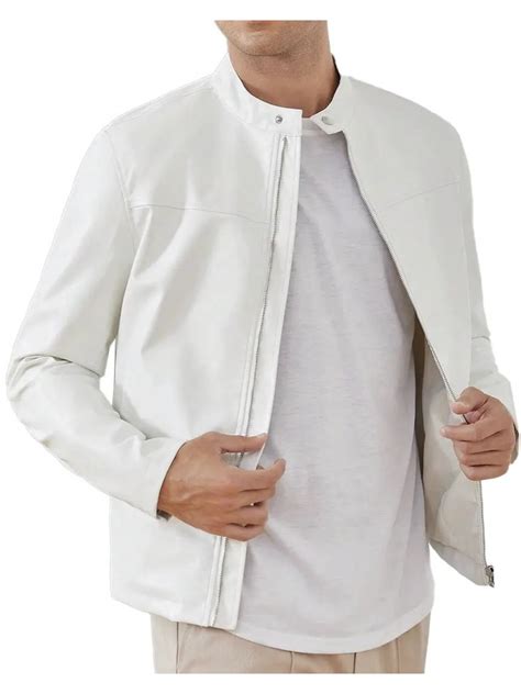 Stand Collar White Leather Jacket